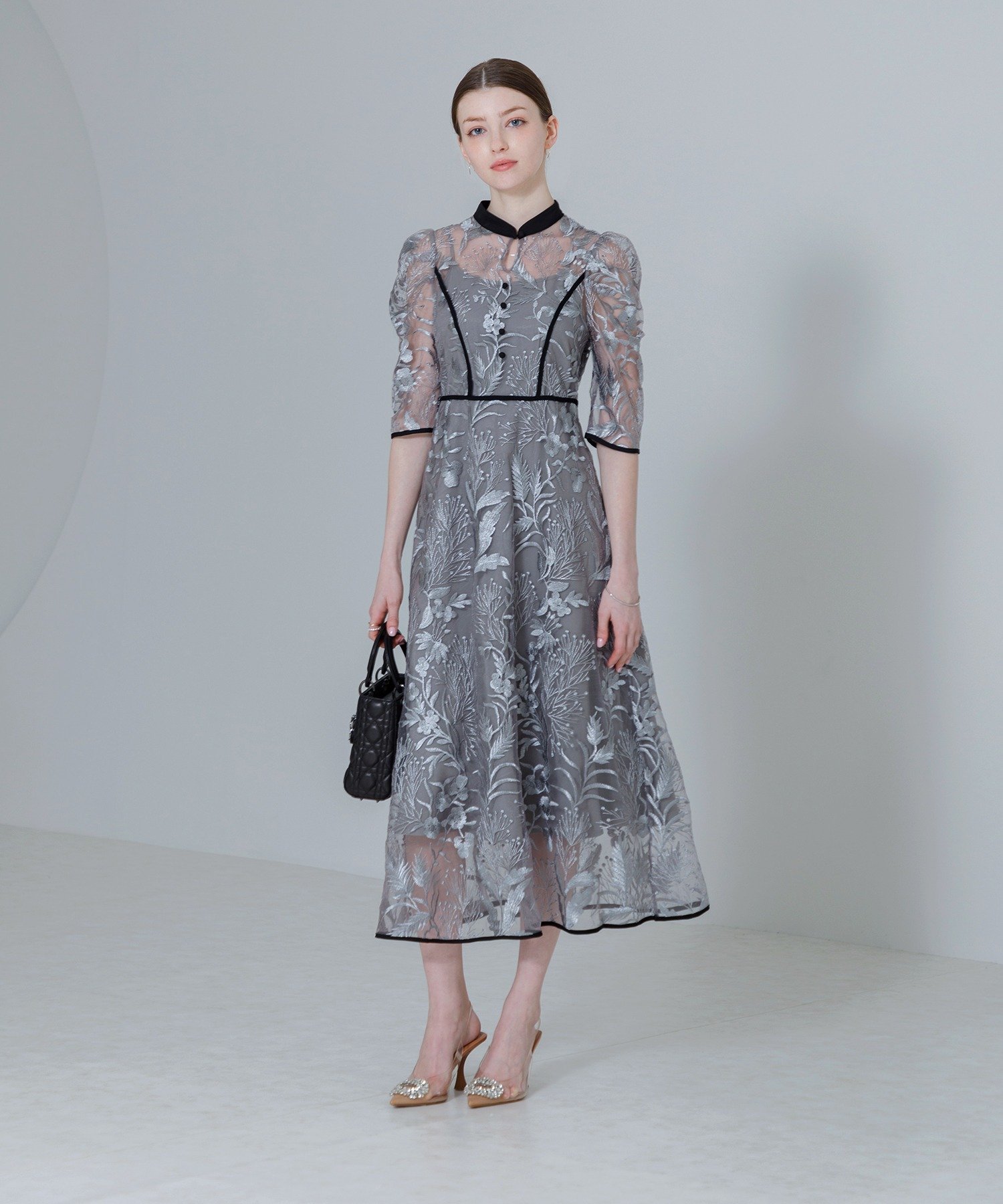 Leja｜LEJA-花柄刺繍レースチュールパフスリーブAラインワンピース