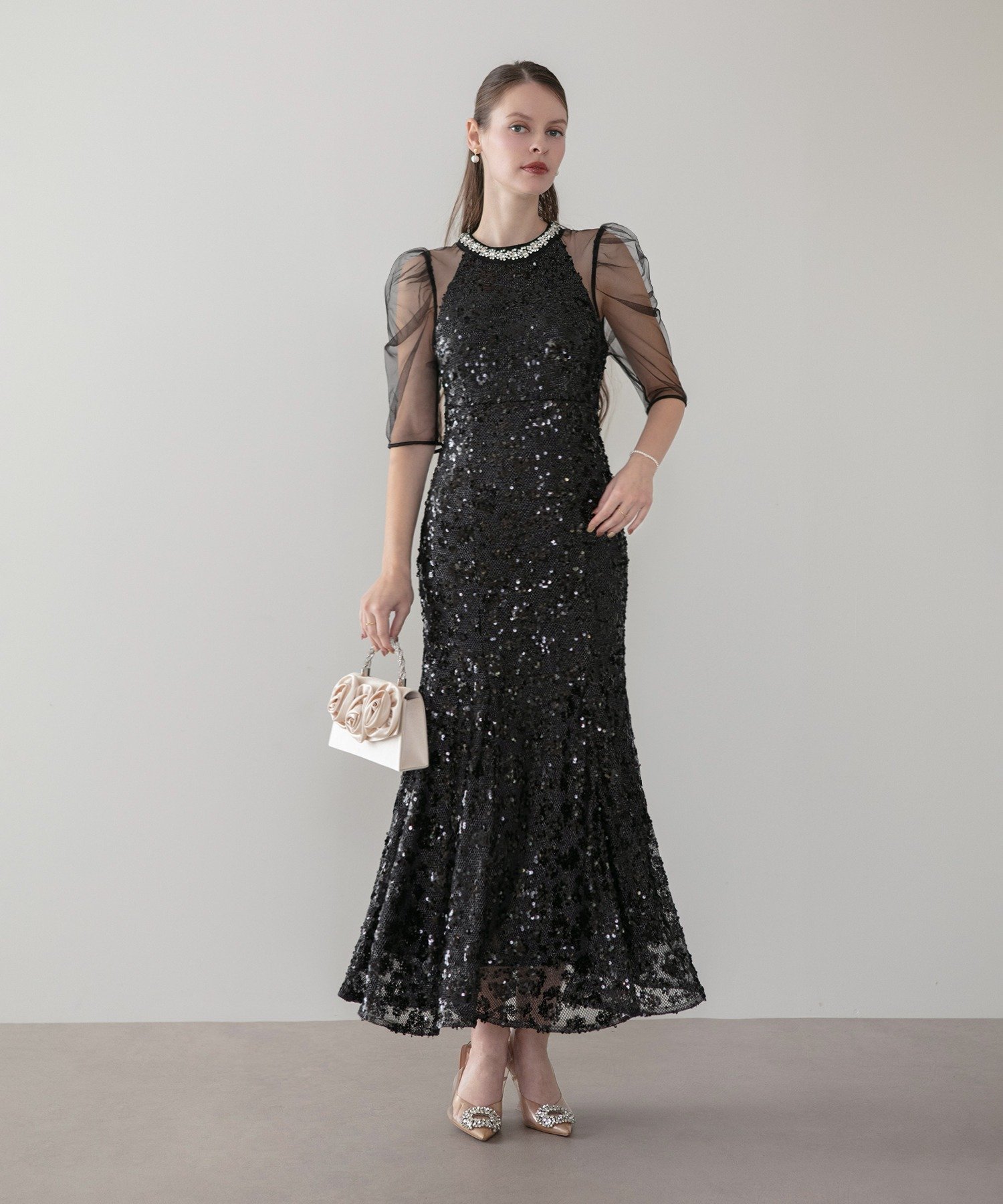 Leja｜ビジューネックスパンコールシアーマーメイドワンピースドレス