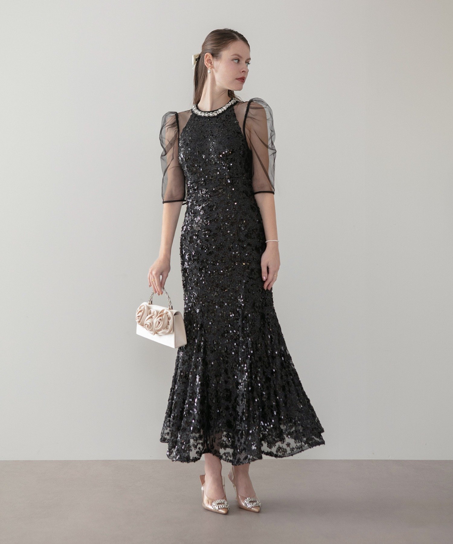 Leja｜ビジューネックスパンコールシアーマーメイドワンピースドレス