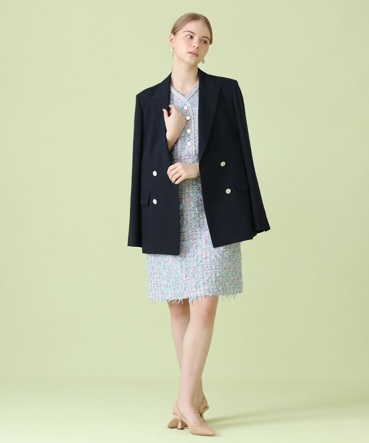 ANAYI｜ブルーミックスツイードVネック ワンピース | Rakuten Fashion