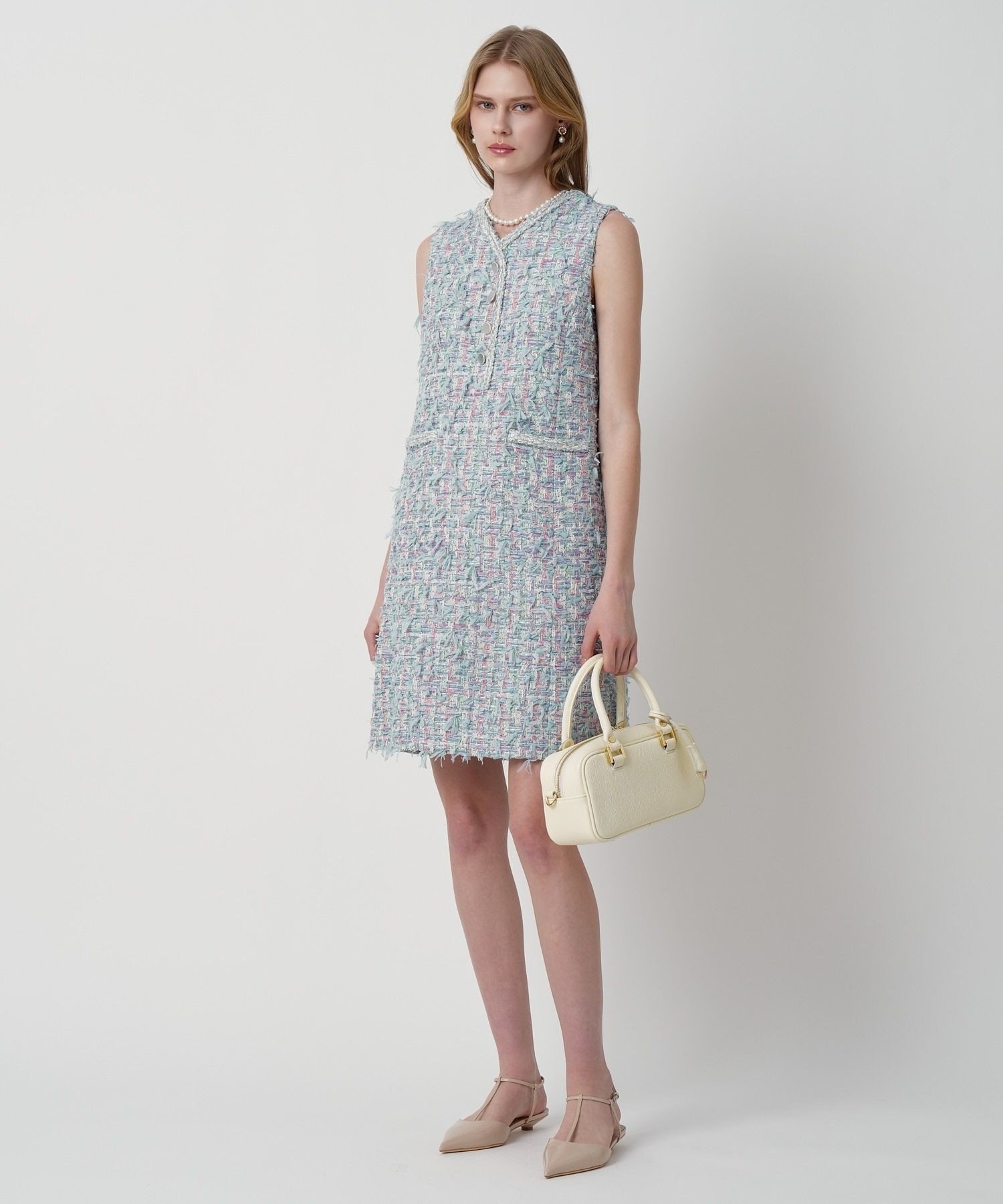 ANAYI｜ブルーミックスツイードVネック ワンピース | Rakuten Fashion