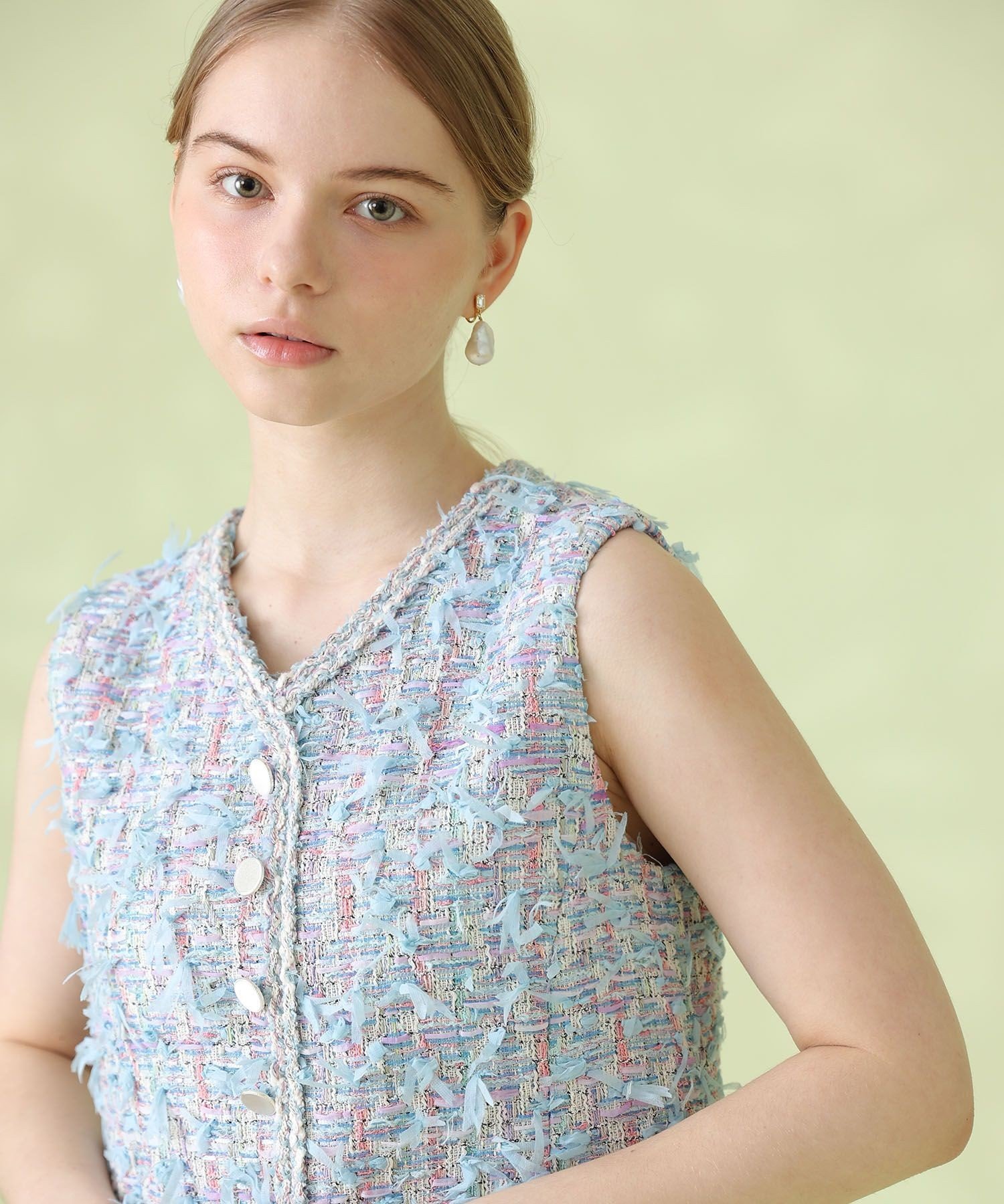 ANAYI｜ブルーミックスツイードVネック ワンピース | Rakuten Fashion