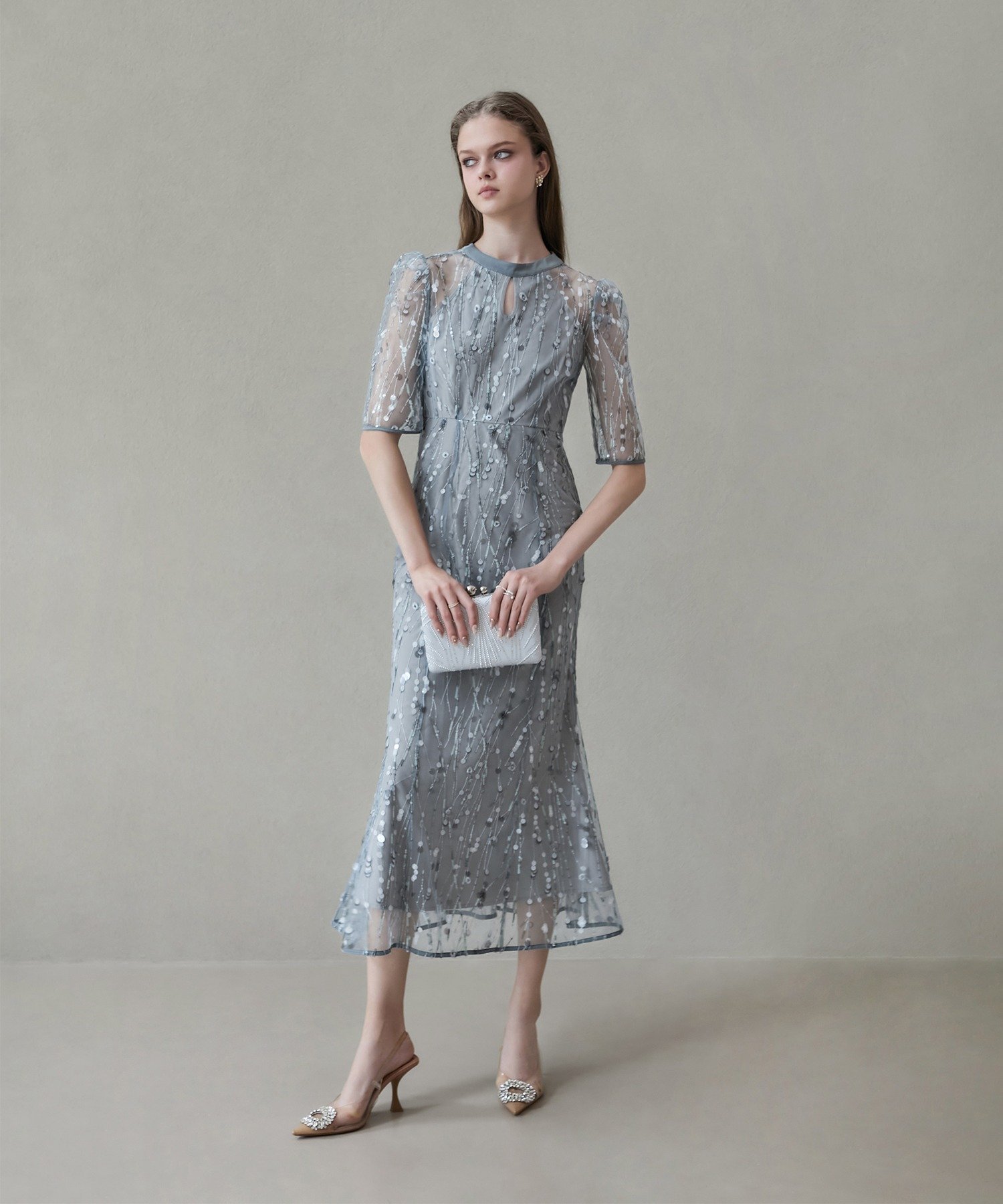 Leja｜Leja-スパンコールチュールオープンマーメイドワンピースドレス