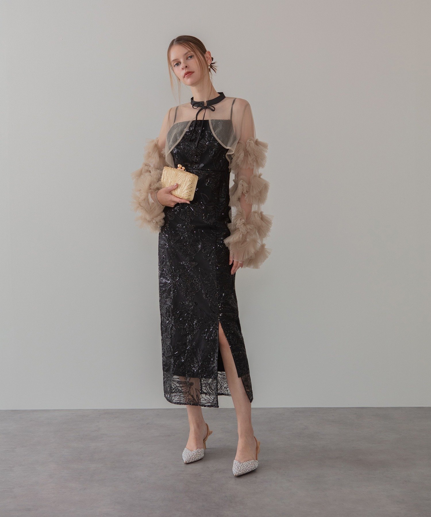 Leja｜Leja-フリルチュールスリーブリボンIラインワンピースドレス結婚