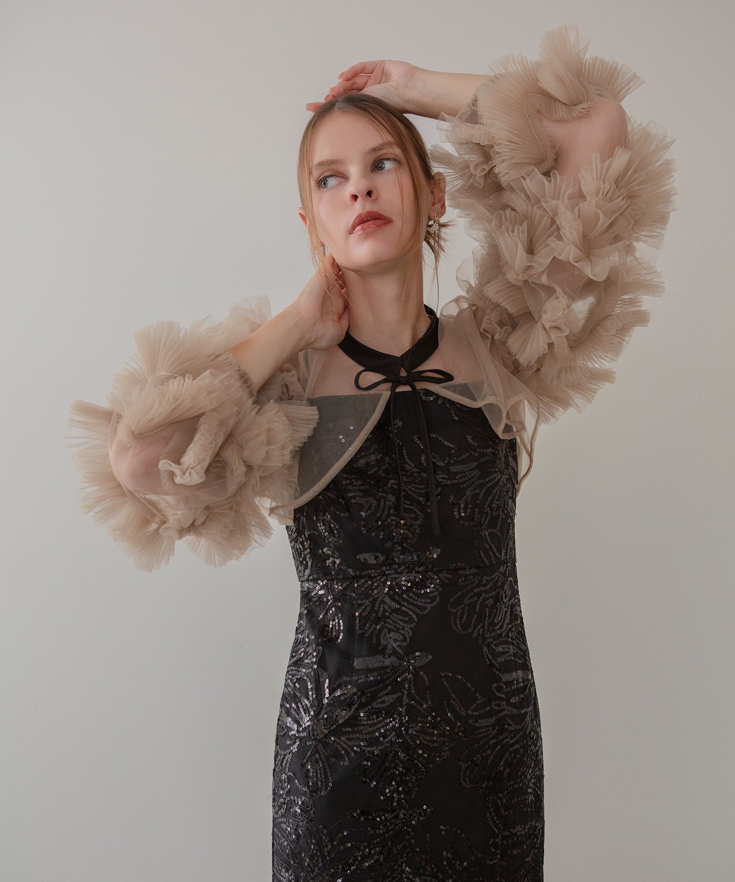 Leja｜Leja-フリルチュールスリーブリボンIラインワンピースドレス結婚