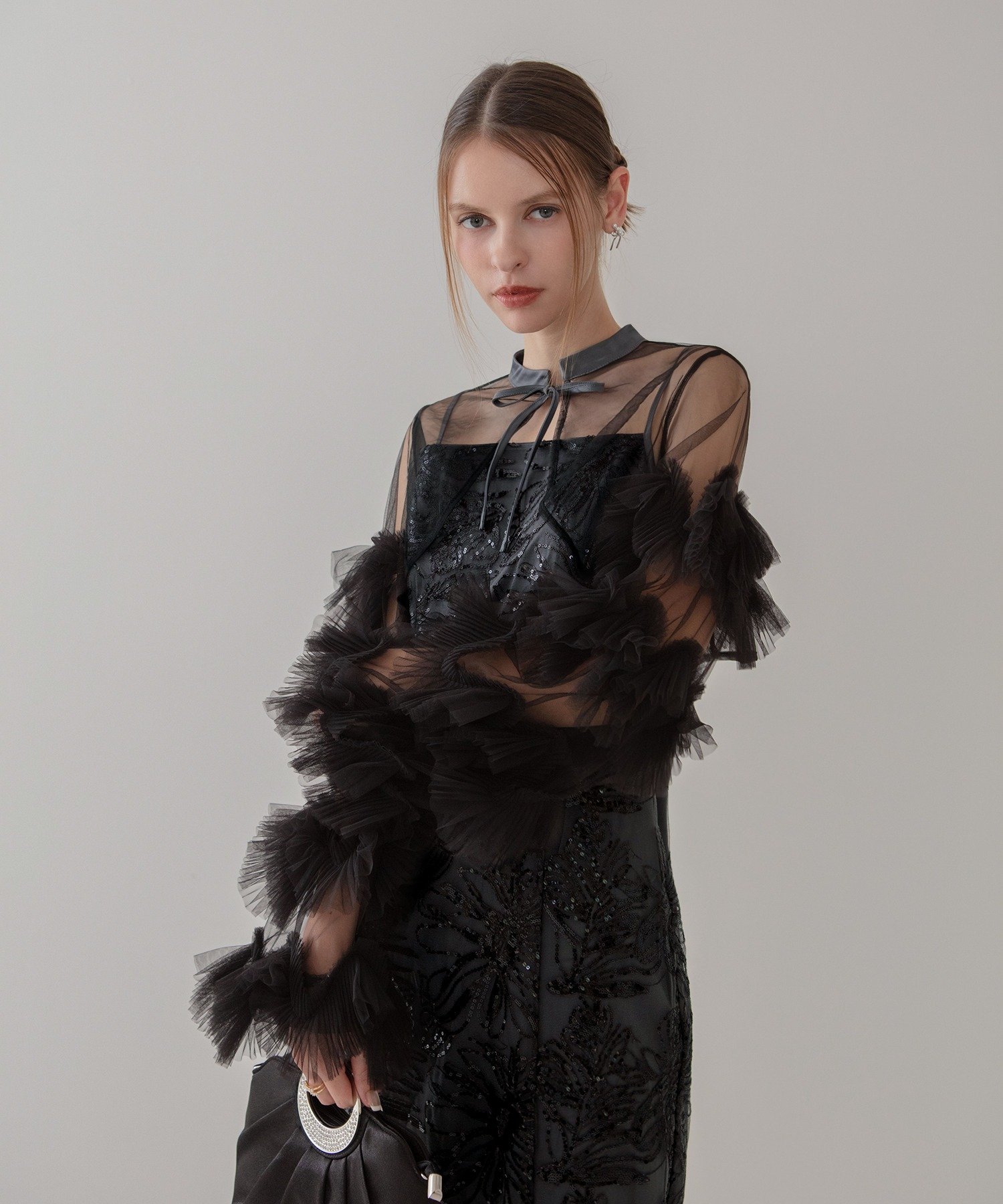 Leja｜Leja-フリルチュールスリーブリボンIラインワンピースドレス結婚