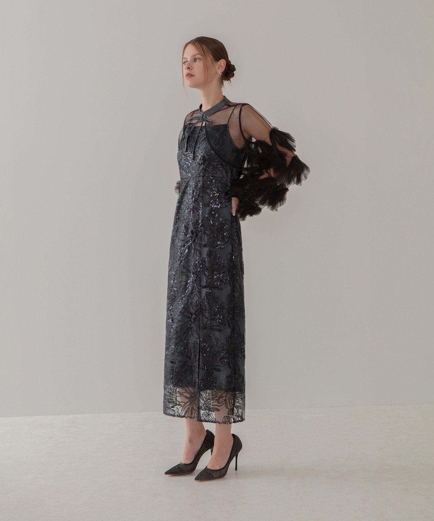 Leja｜Leja-フリルチュールスリーブリボンIラインワンピースドレス結婚