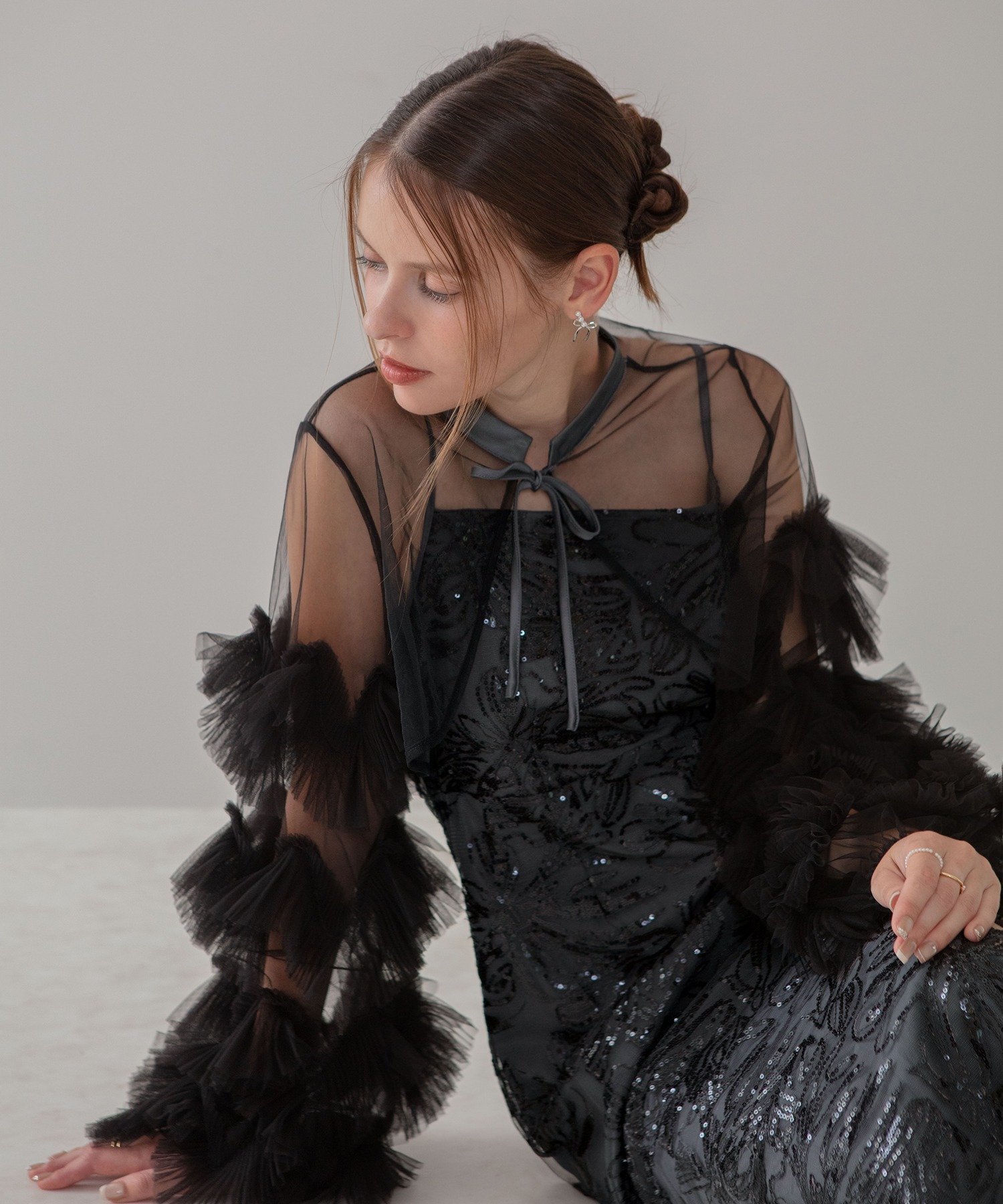 Leja｜Leja-フリルチュールスリーブリボンIラインワンピースドレス結婚