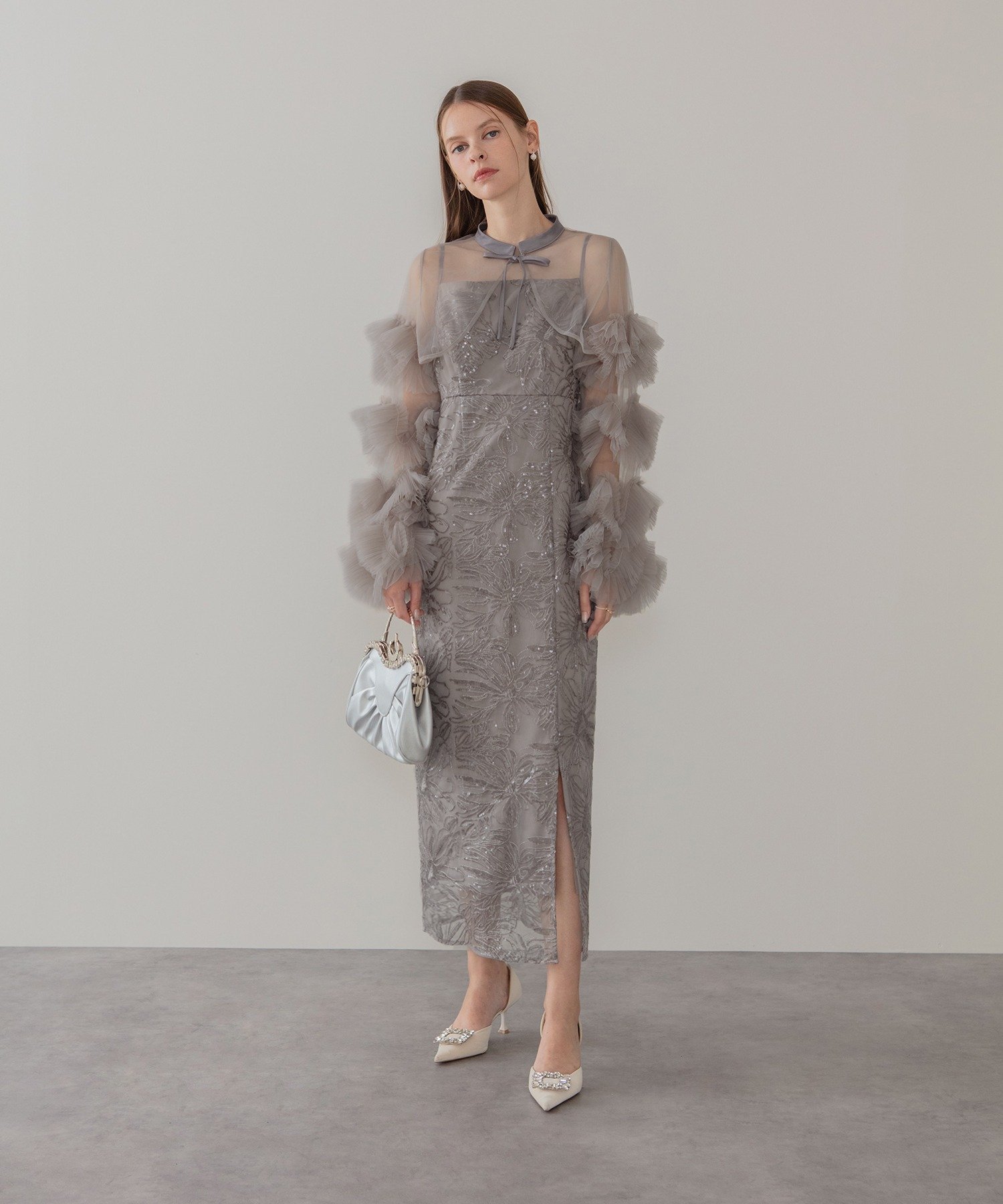 Leja｜Leja-フリルチュールスリーブリボンIラインワンピースドレス結婚