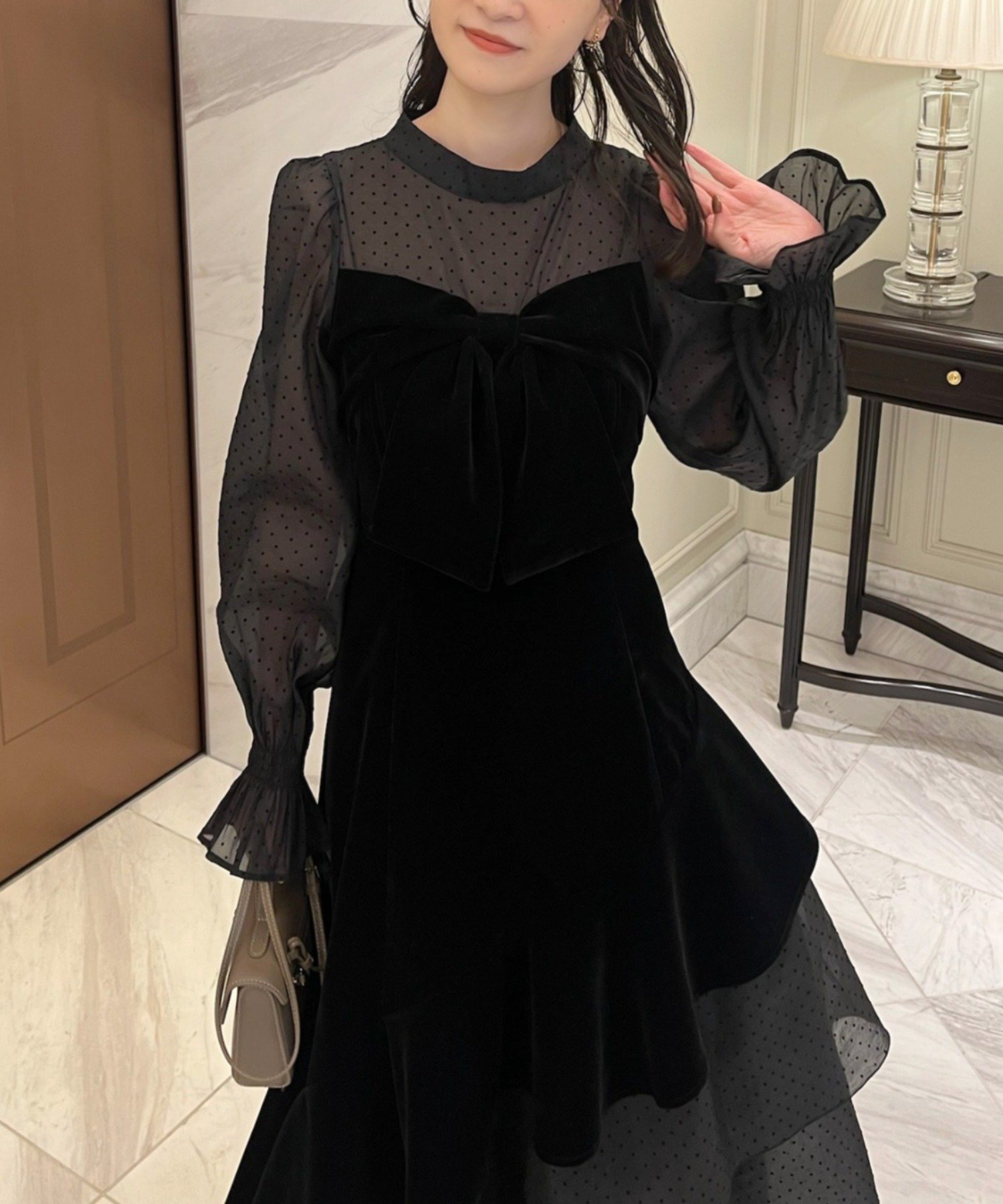 one after another NICE CLAUP｜ベロアリボン異素材ロングワンピース