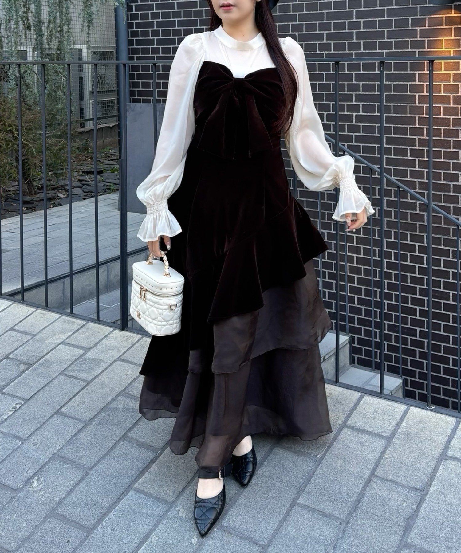 one after another NICE CLAUP｜ベロアリボン異素材ロングワンピース