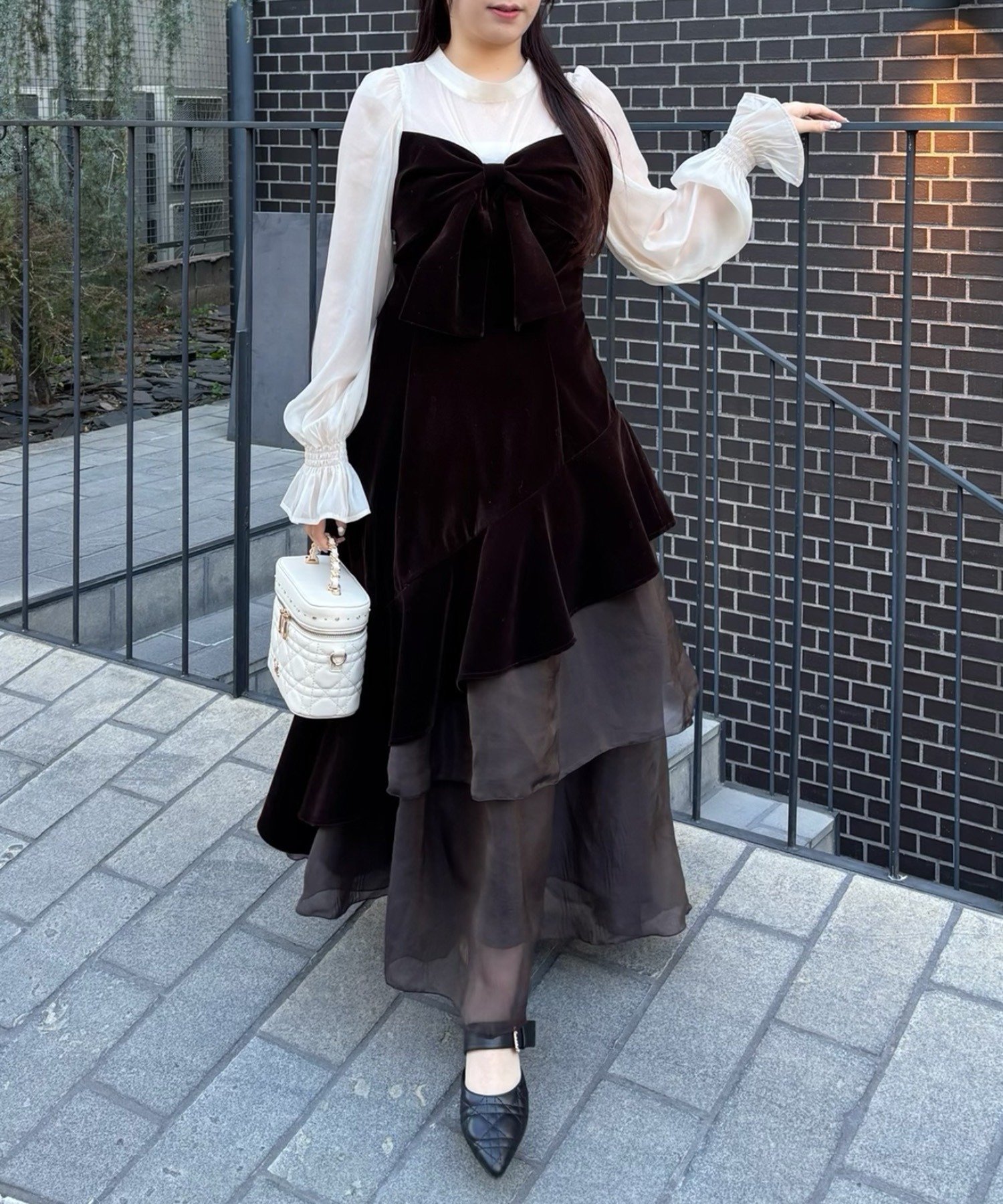 one after another NICE CLAUP｜ベロアリボン異素材ロングワンピース