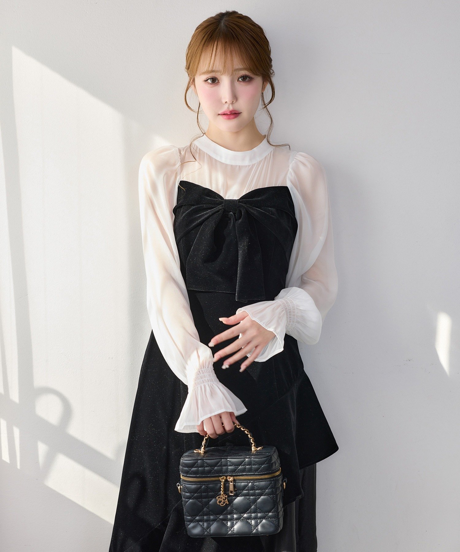 one after another NICE CLAUP｜ベロアリボン異素材ロングワンピース