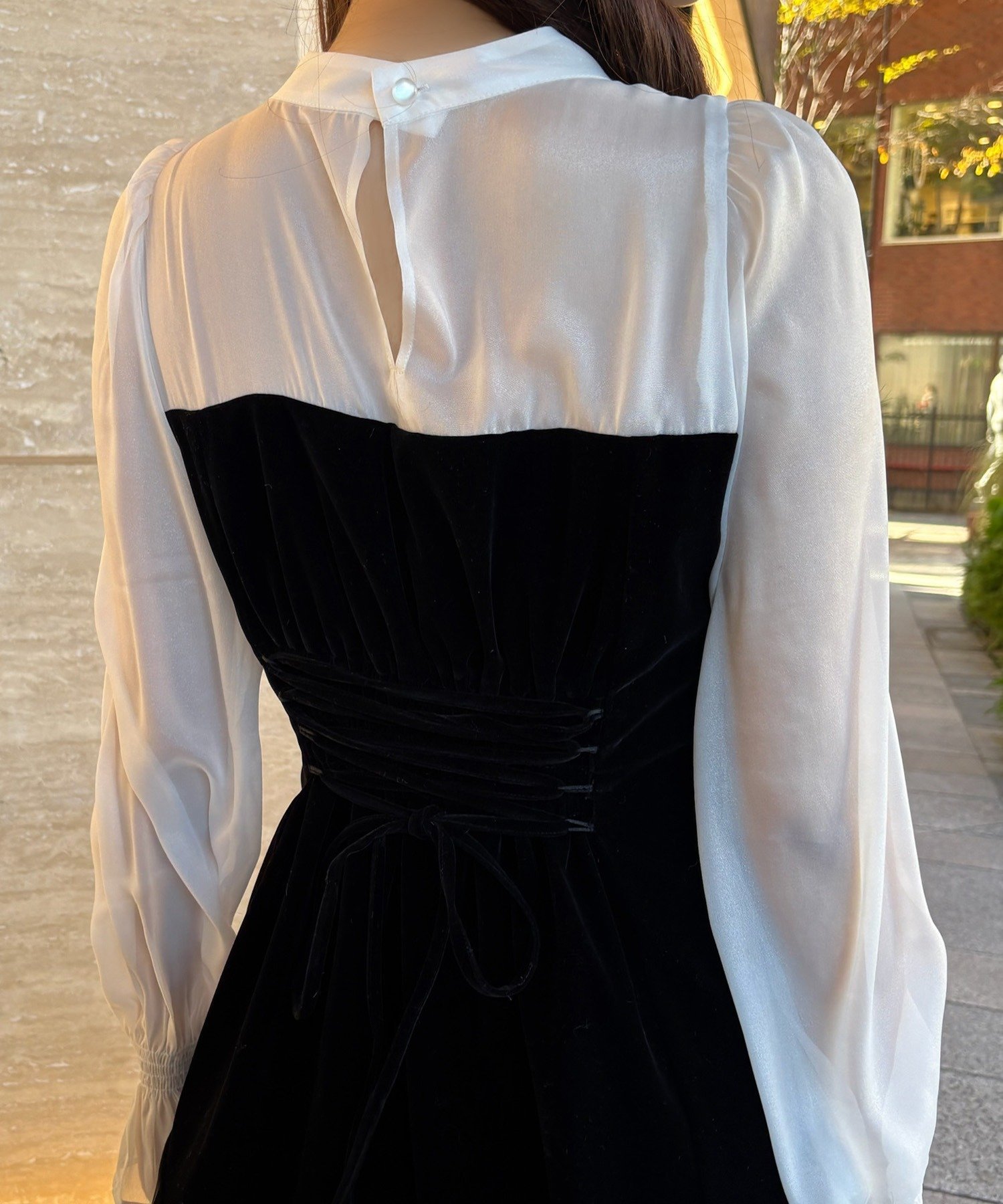 one after another NICE CLAUP｜ベロアリボン異素材ロングワンピース