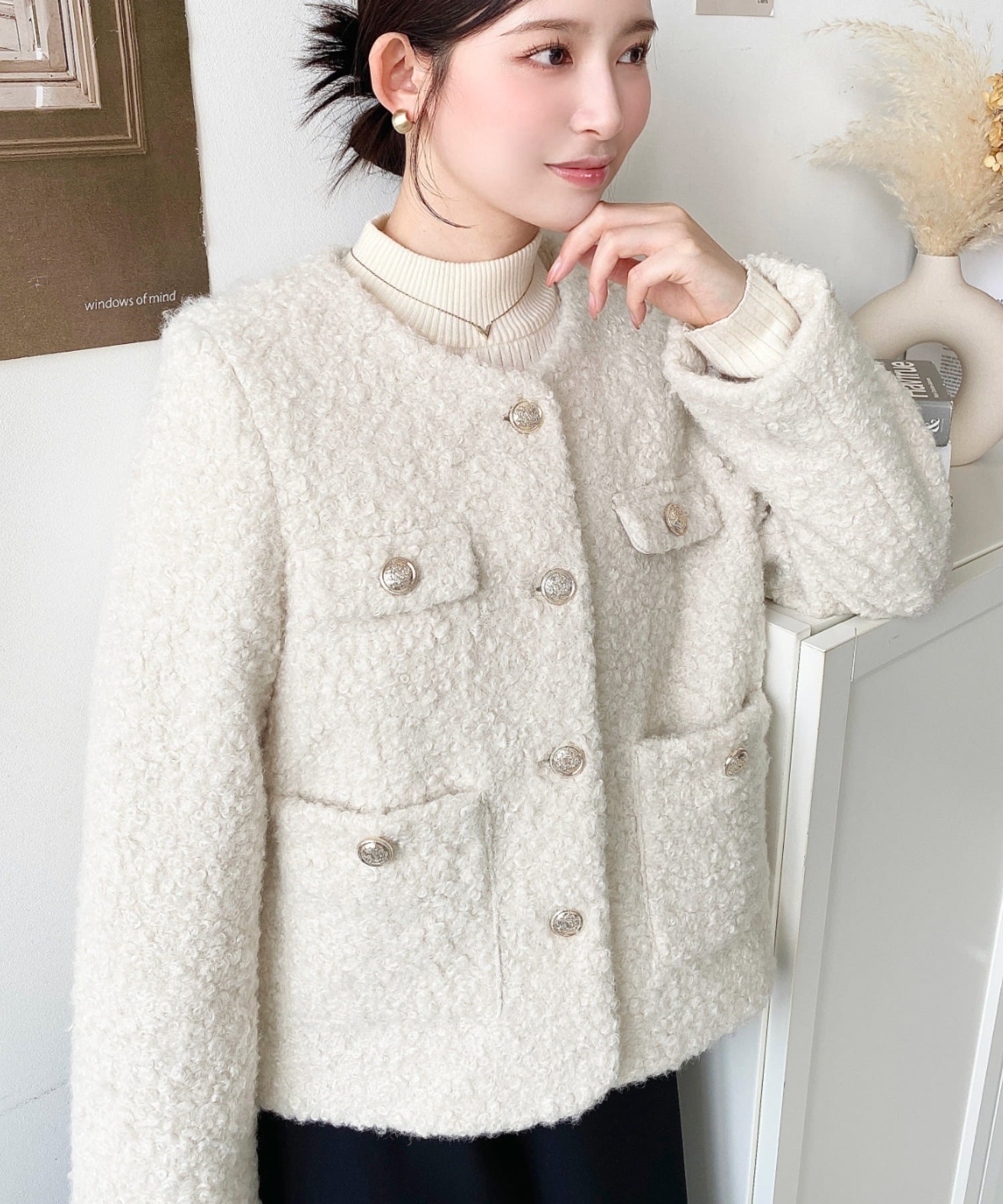 moment+｜フェイクリングウール金ボタンノーカラージャケット