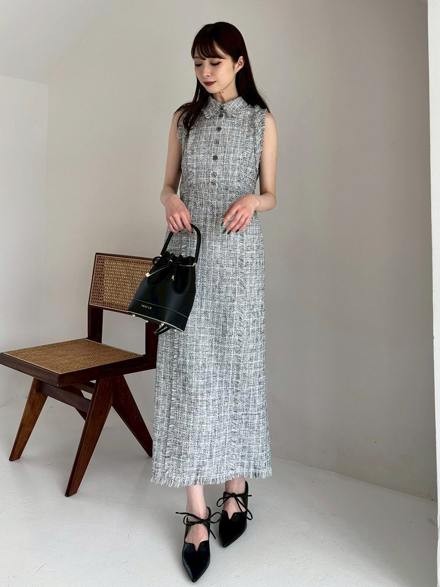 FRAY I.D｜【00サイズ】フリンジデザインツイードポロワンピース