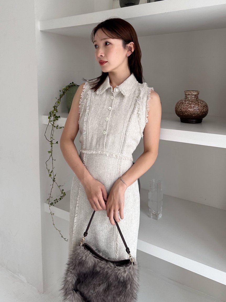 FRAY I.D｜【00サイズ】フリンジデザインツイードポロワンピース