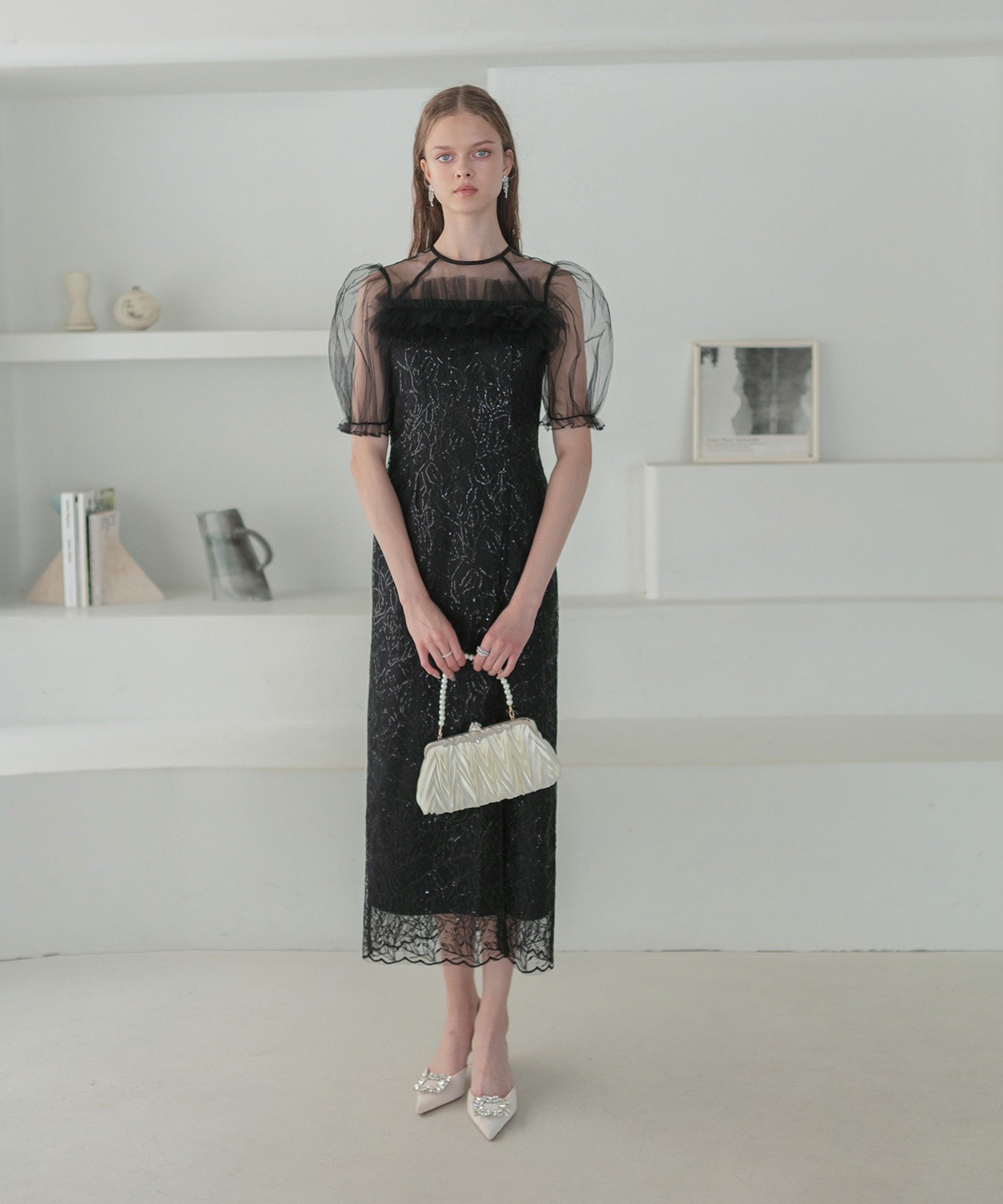 Leja｜Leja-チュールフラワースパンコールIラインワンピースドレス