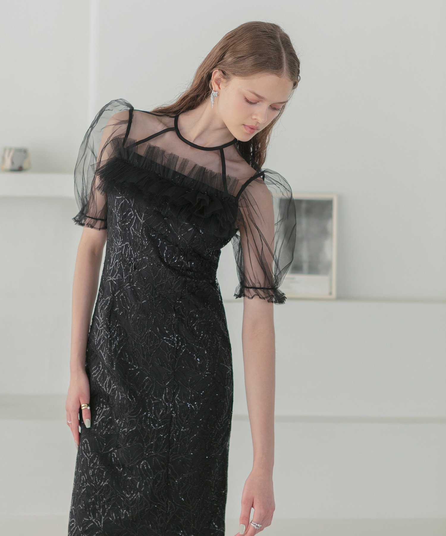 Leja｜Leja-チュールフラワースパンコールIラインワンピースドレス