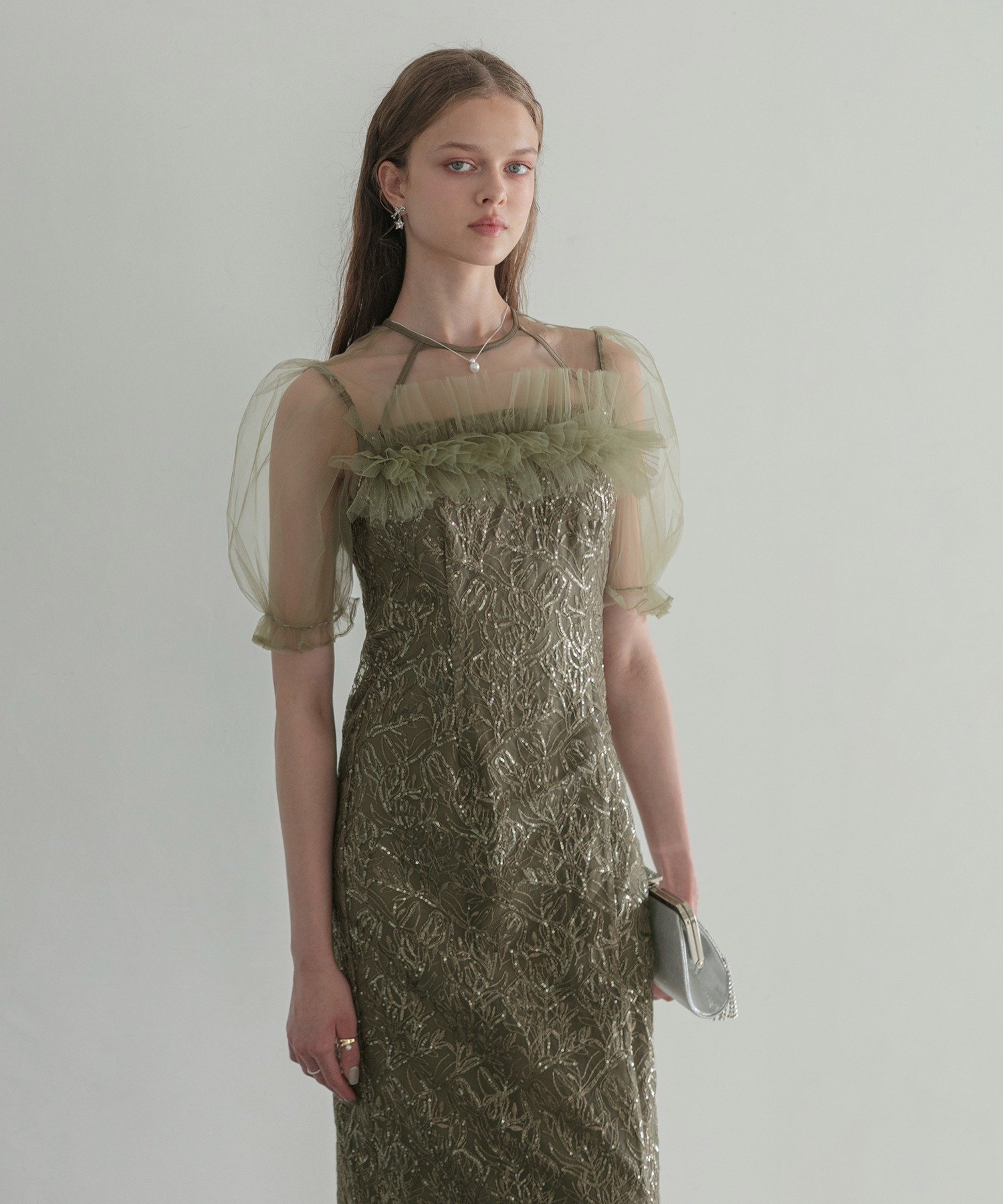 Leja｜Leja-チュールフラワースパンコールIラインワンピースドレス