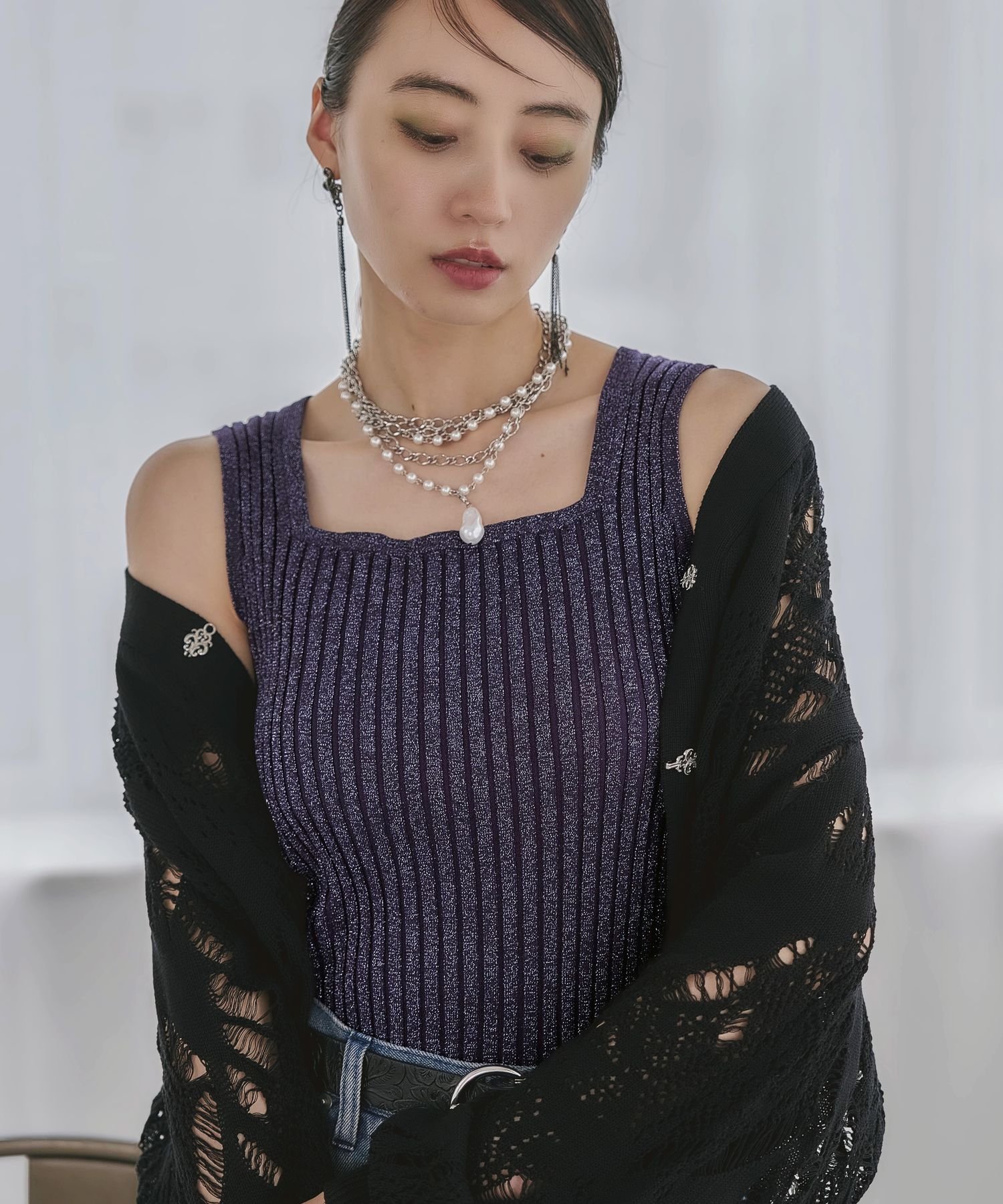 ルッキ スクエアラメニット タンクトップ ベージュ＆グレー2枚 HARE