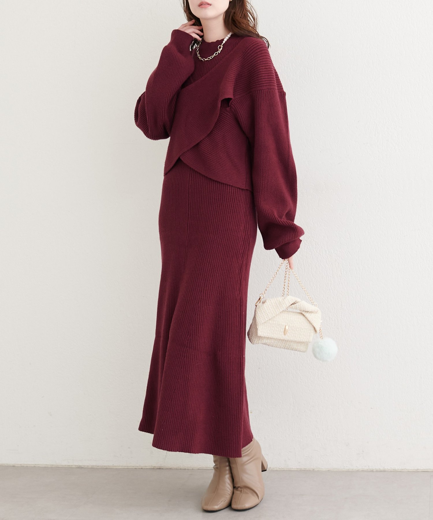 natural couture｜前後2WAYクロスリボンニット×ワンピースSET