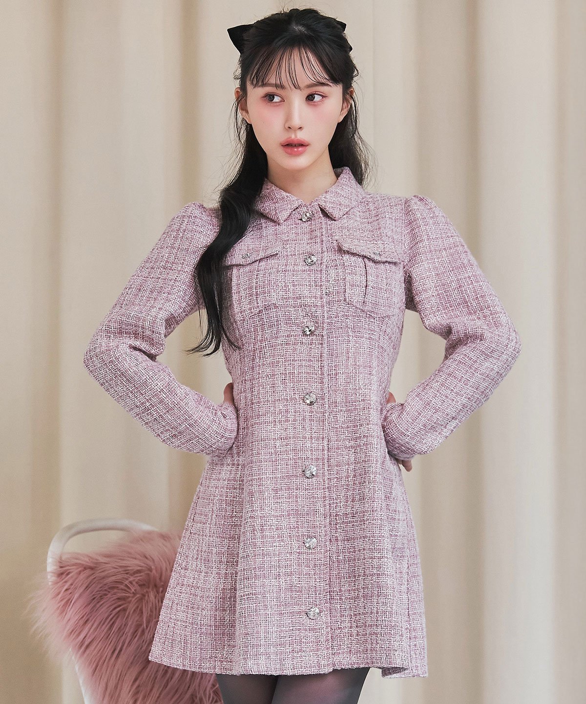 REDYAZEL｜ビジューボタンファンシーツイードシャツミニワンピース