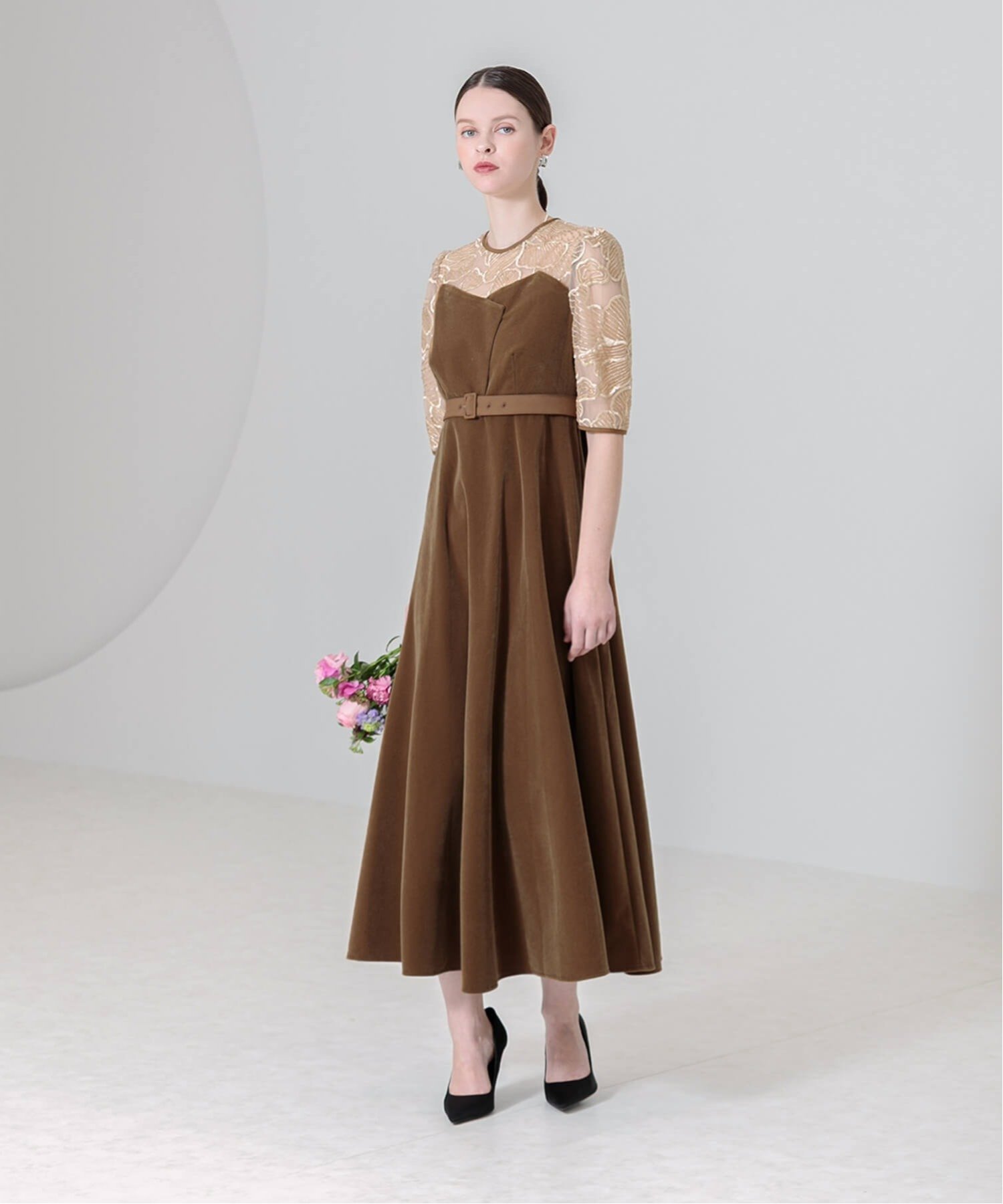 Leja｜LEJA/ビスチェ風ウエストベルト花柄レースドレスワンピース結婚