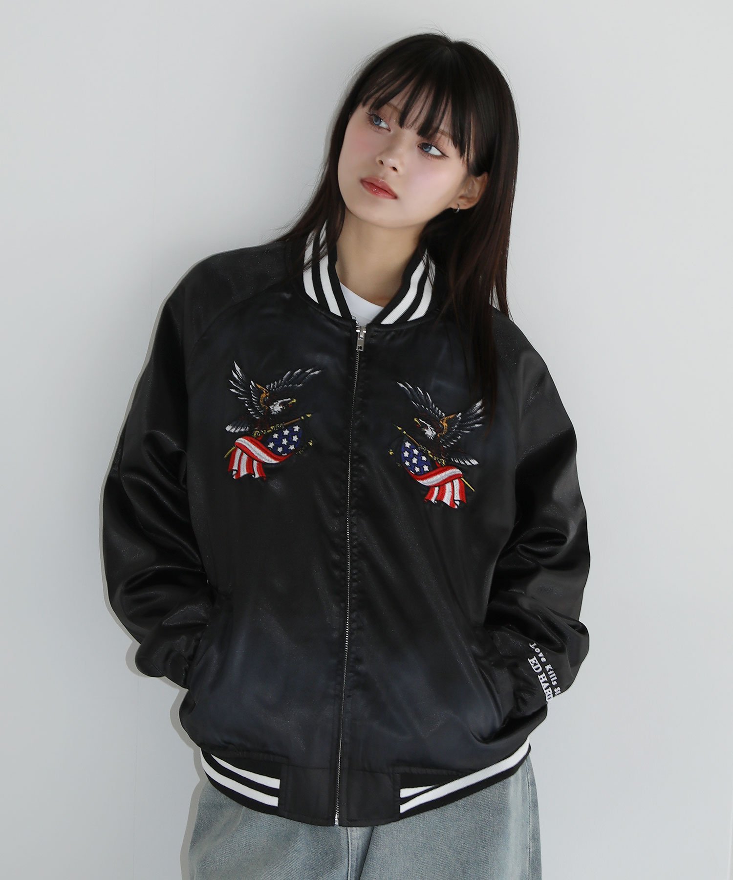 80-90sヴィンテージUSA製サテンスタジャンスカジャン刺繍　短丈ショート丈 THE CASUAL｜<Ed hardy>ヴィンテージライクマルチ刺繍ショート