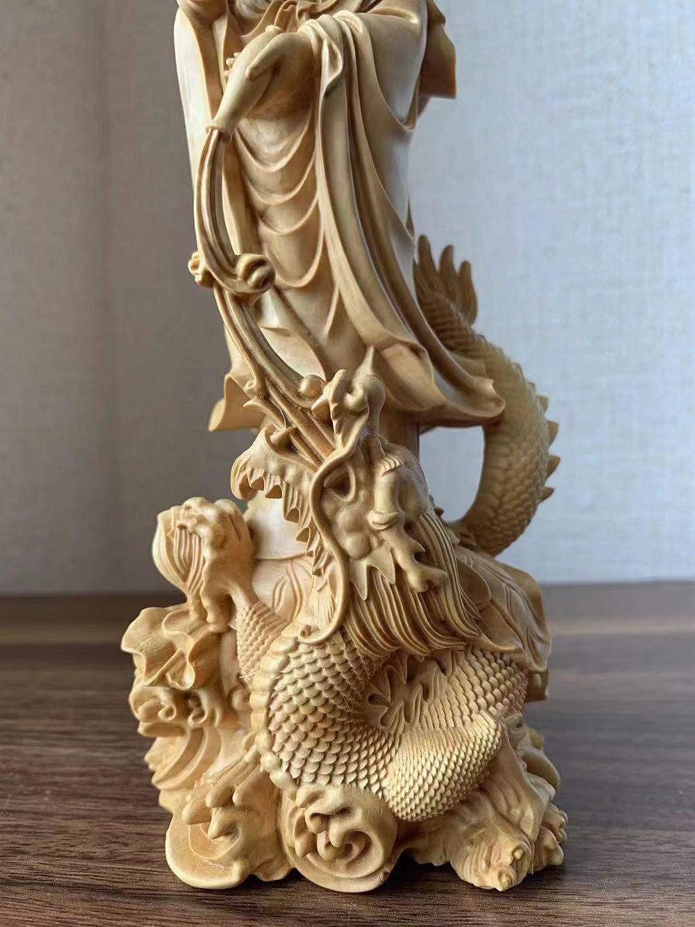 ◇廻◇ 時代 木製 一刀彫 龍上観音菩薩像 60cm 仏像骨董 [P124]S