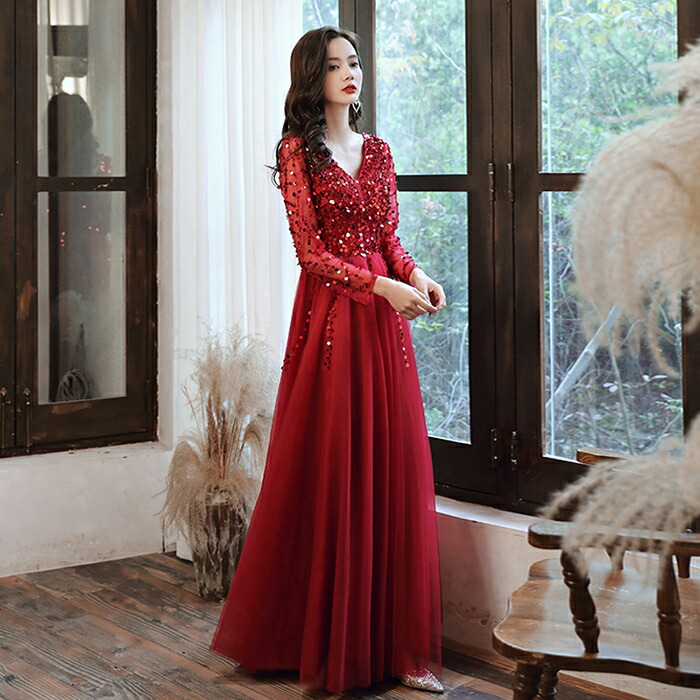 楽天市場】ロングドレス 長袖 マタニティドレス カラードレス 赤