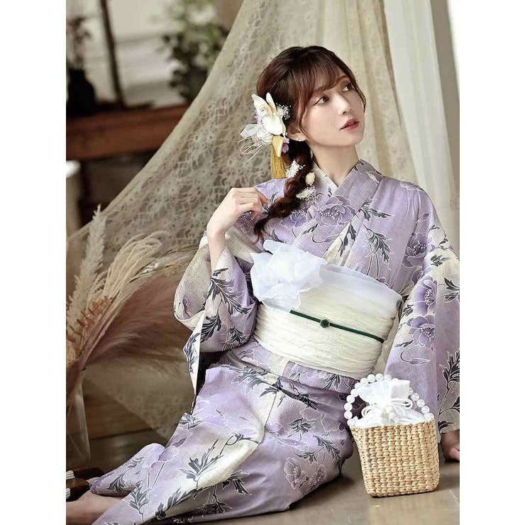 未使用 ☆ レディース 浴衣 パープル 紫 魚 貝 海 仕立て上がり 未使用