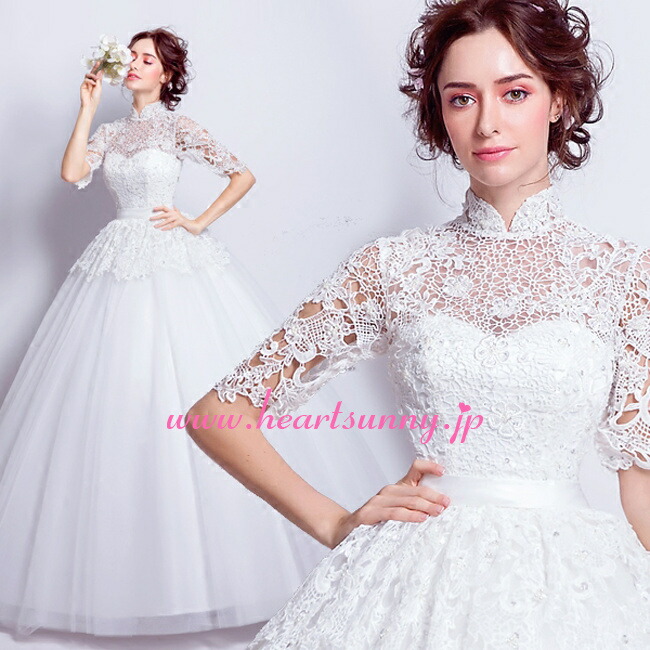 楽天市場】ウェディングドレス プリンセス☆E506☆立ち襟ホローレース5