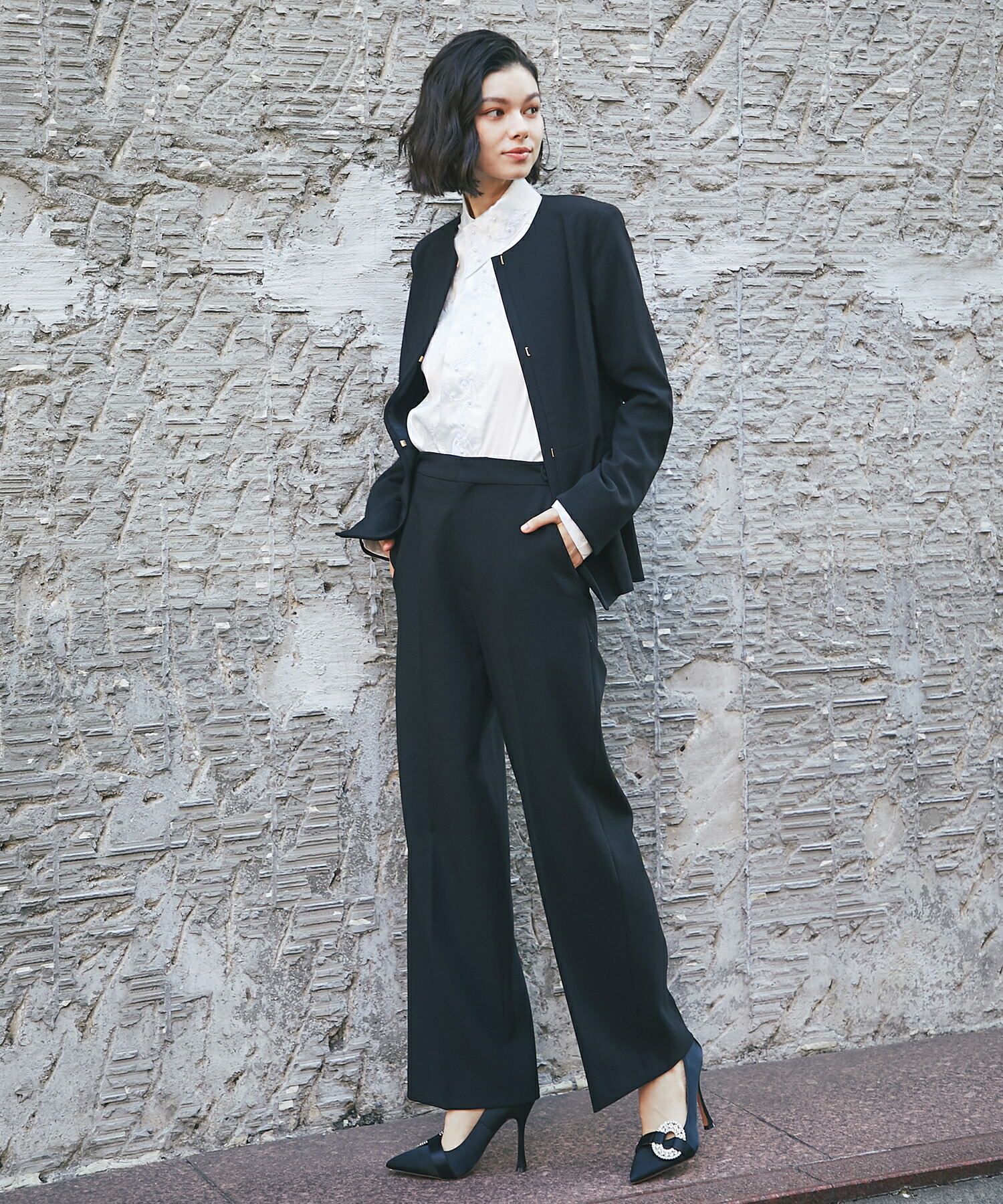 楽天市場】ノーカラー ペプラム ジャケット ＆ スラックス パンツ