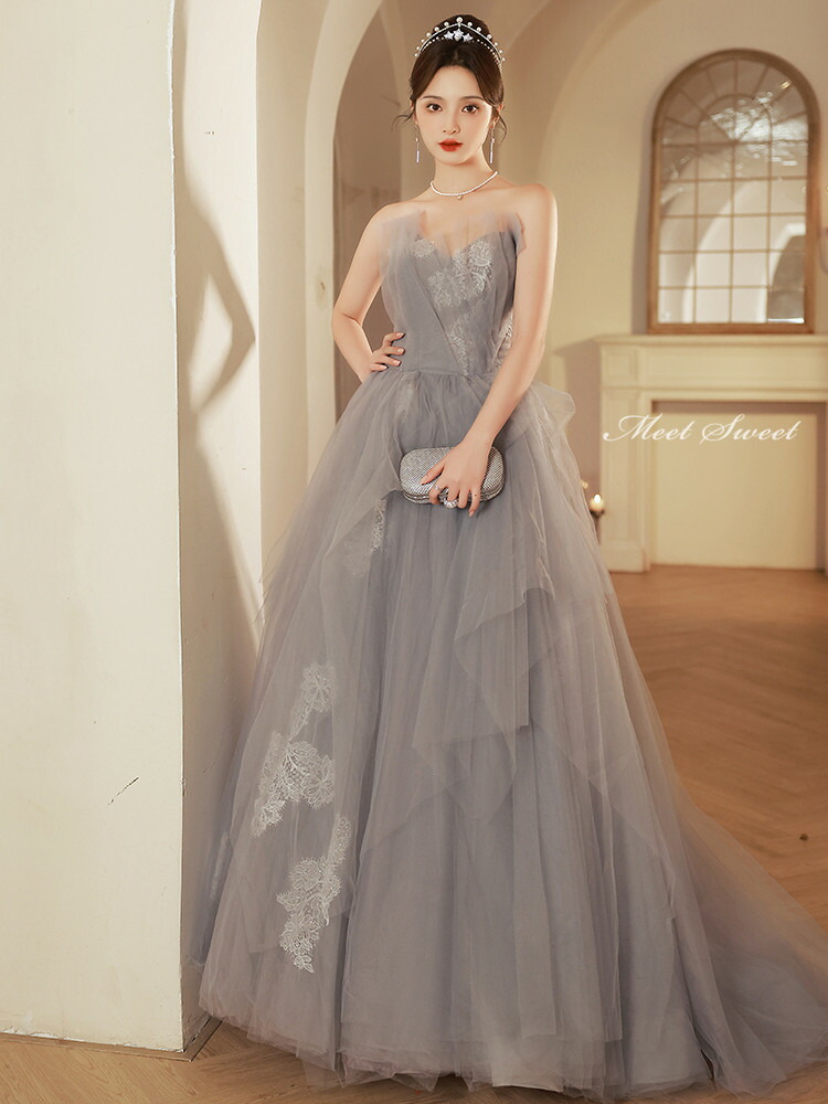 楽天市場】カラードレス Aラインドレス グレー ビスチェ ベアトップ