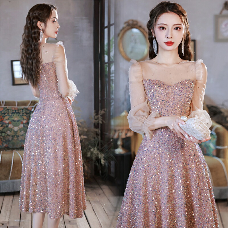 楽天市場】カラードレス カクテルドレス スパンコール 長袖 パーティー