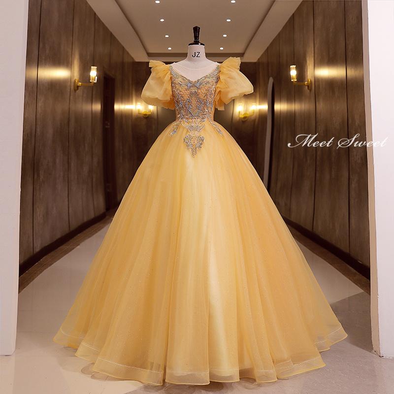 楽天市場】カラードレス 編み上げ イエロー ゴールド ロングドレス