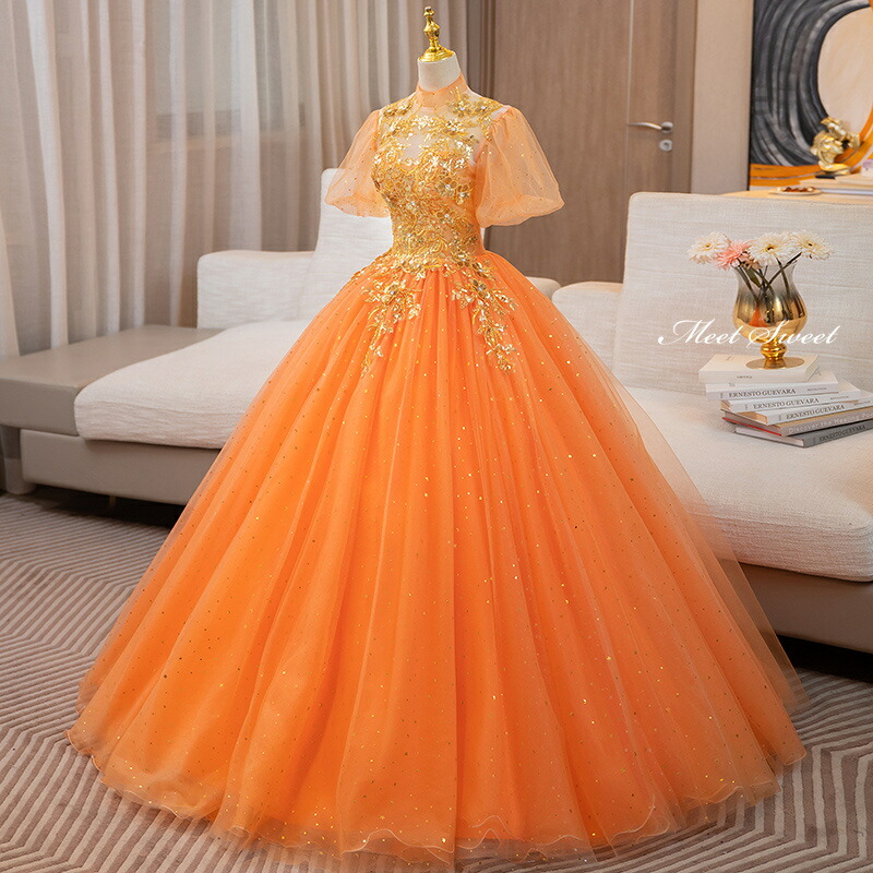 楽天市場】カラードレス プリンセスライン オレンジ パフスリーブ