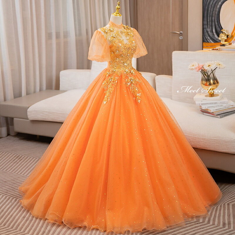 楽天市場】カラードレス プリンセスライン オレンジ パフスリーブ