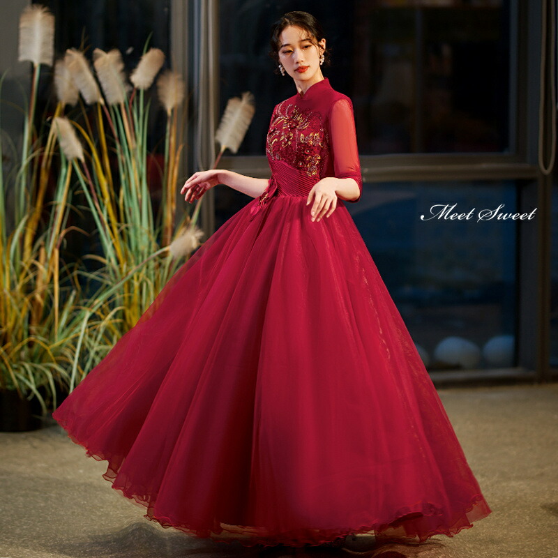 楽天市場】カラードレス プリンセスライン ロングドレス ワインレッド