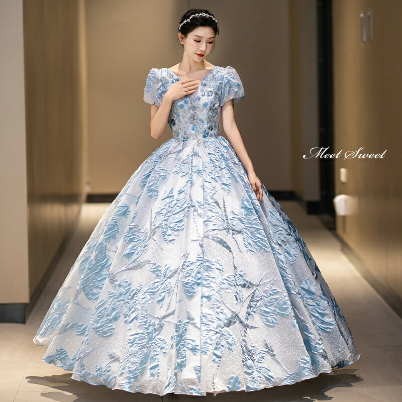 楽天市場】カラードレス プリンセスライン ロングドレス ブルー