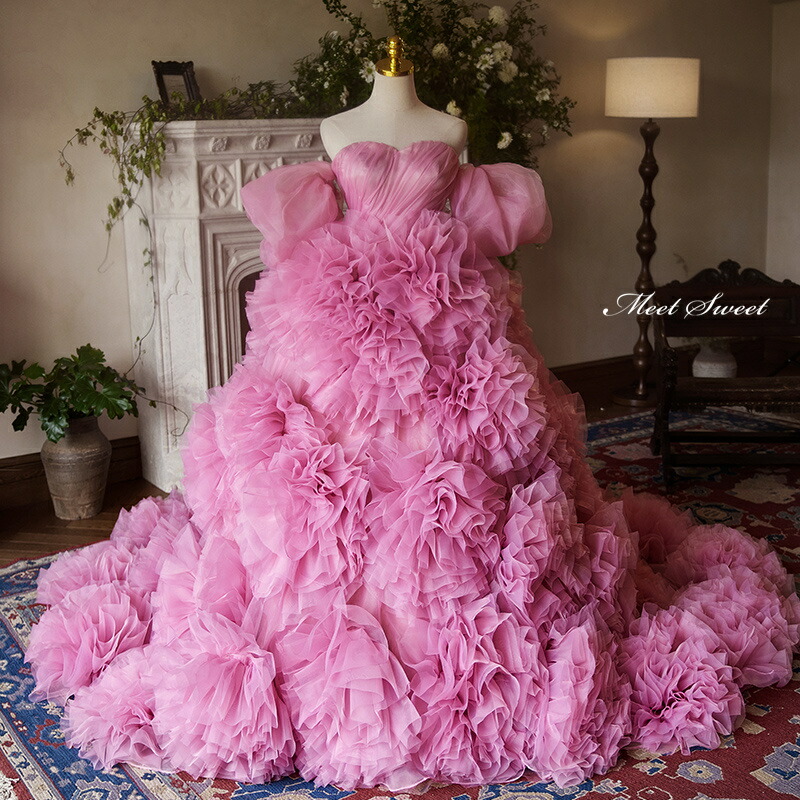 楽天市場】カラードレス プリンセスライン ピンク フリル ロングドレス