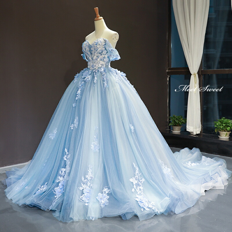 楽天市場】カラードレス プリンセスライン ブルー オフショルダー 花