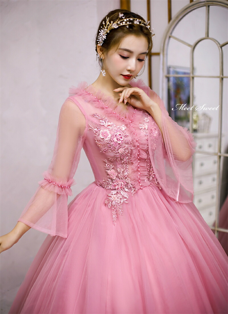 楽天市場】カラードレス プリンセスライン ピンク ベルスリーブ 長袖