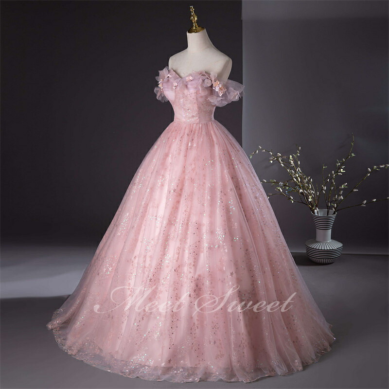 楽天市場】カラードレス プリンセスライン ピンク オフショルダー