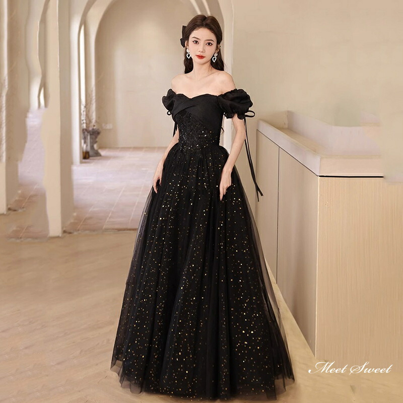 楽天市場】カラードレス ロングドレス パーティードレス 半袖 ブラック