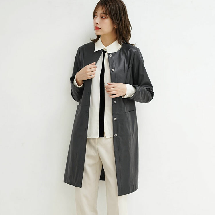 和光 GraceClub 本革 羊革 ノーカラーコート ラムレザーコート コート