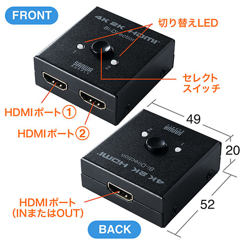 楽天市場】HDMI切替器 HDMI セレクター 双方向 4K 30Hz 2ポート 手動