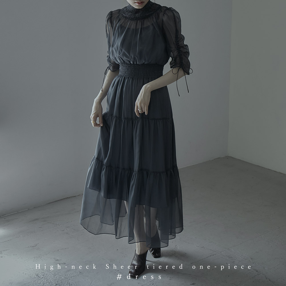 楽天市場】シャーリング袖 ハイネックティアードワンピース ドレス