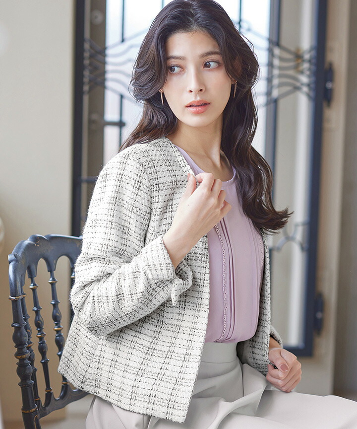 Randy アシンメトリーバックルツイードパデットジャケット ホワイト S